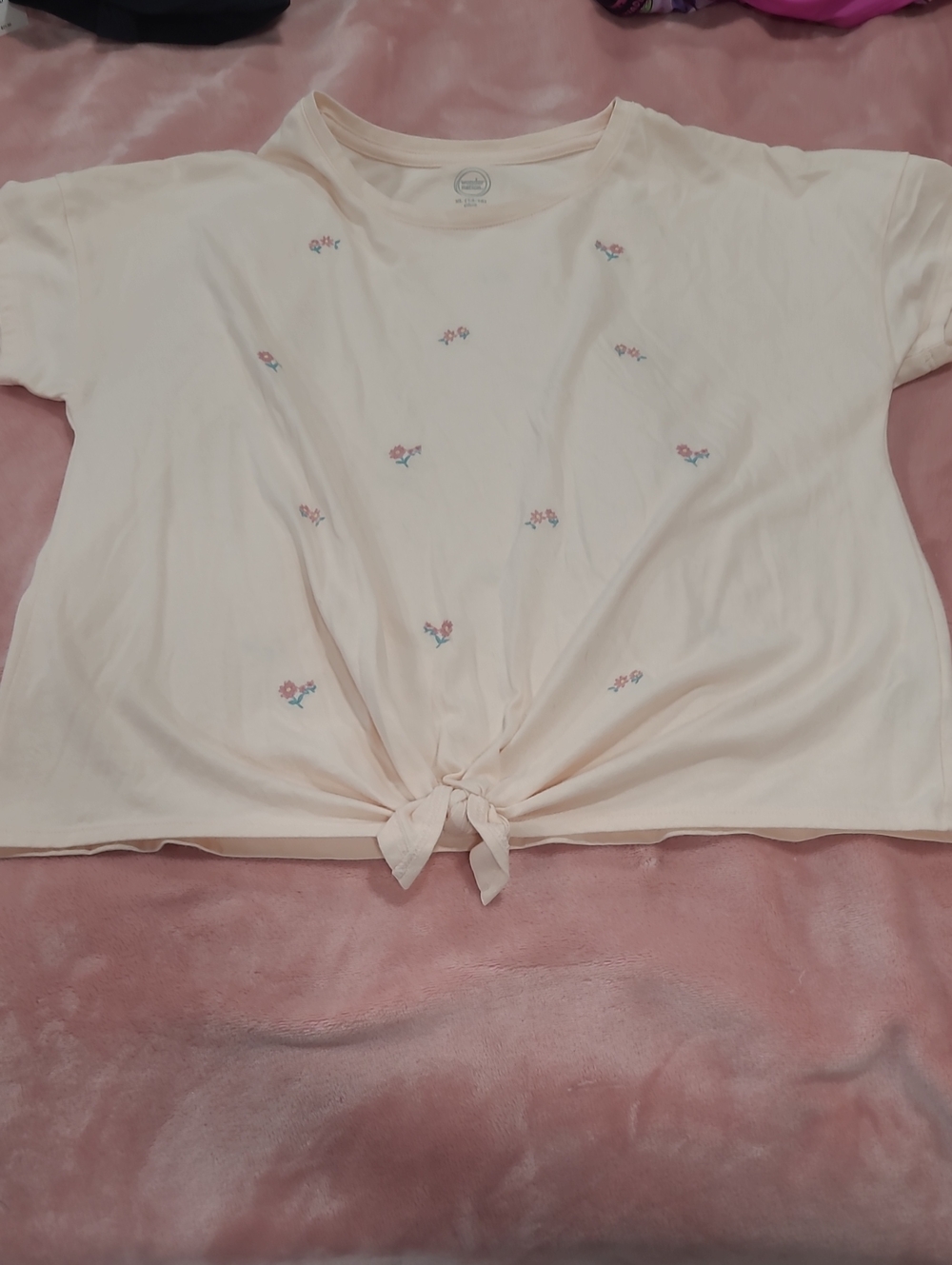 wonder nation Cream Tie-Front Crop Top with Embroidered Pink Flowers